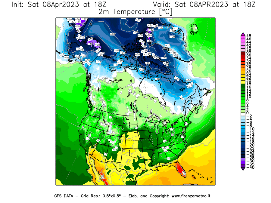GFS analysi map - Temperature at 2 m above ground [°C] in North America
									on 08/04/2023 18 <!--googleoff: index-->UTC<!--googleon: index-->