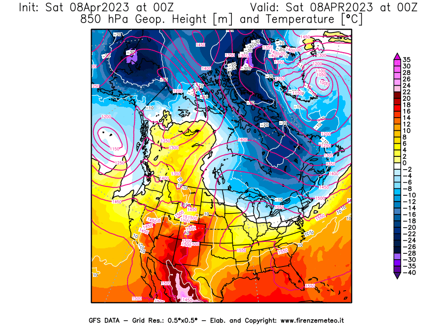 GFS analysi map - Geopotential [m] and Temperature [°C] at 850 hPa in North America
									on 08/04/2023 00 <!--googleoff: index-->UTC<!--googleon: index-->