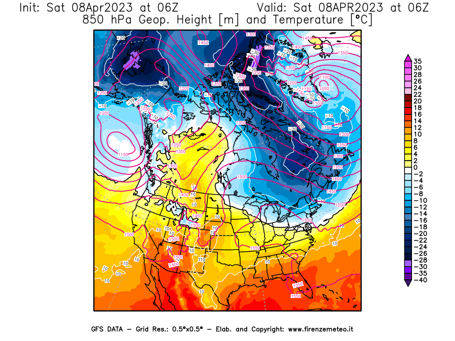 GFS analysi map - Geopotential [m] and Temperature [°C] at 850 hPa in North America
									on 08/04/2023 06 <!--googleoff: index-->UTC<!--googleon: index-->