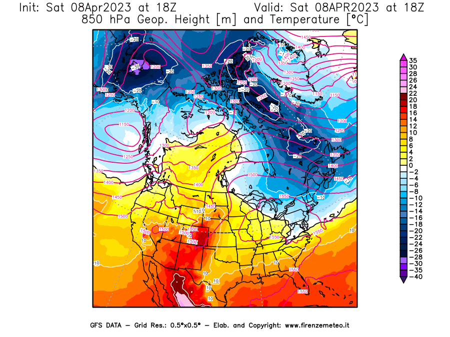 GFS analysi map - Geopotential [m] and Temperature [°C] at 850 hPa in North America
									on 08/04/2023 18 <!--googleoff: index-->UTC<!--googleon: index-->