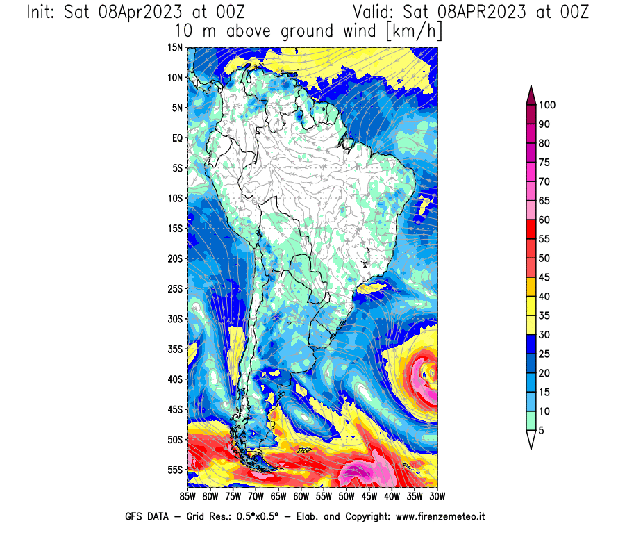 GFS analysi map - Wind Speed at 10 m above ground [km/h] in South America
									on 08/04/2023 00 <!--googleoff: index-->UTC<!--googleon: index-->