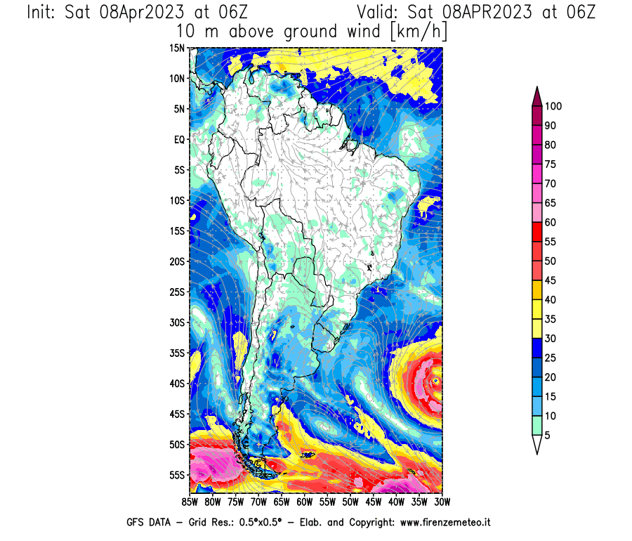 GFS analysi map - Wind Speed at 10 m above ground [km/h] in South America
									on 08/04/2023 06 <!--googleoff: index-->UTC<!--googleon: index-->