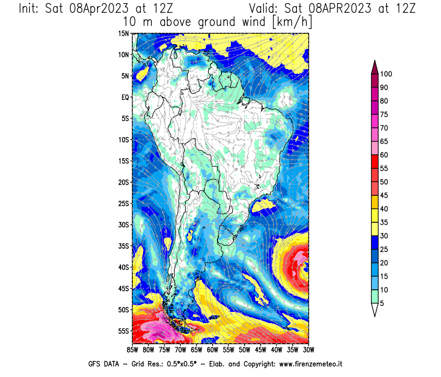GFS analysi map - Wind Speed at 10 m above ground [km/h] in South America
									on 08/04/2023 12 <!--googleoff: index-->UTC<!--googleon: index-->