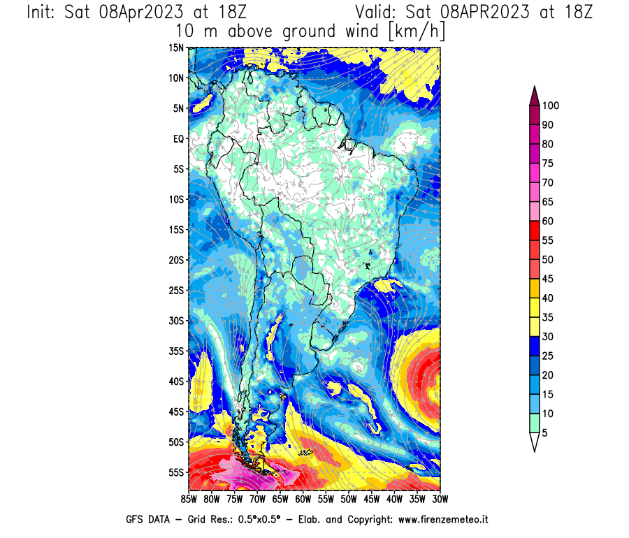 GFS analysi map - Wind Speed at 10 m above ground [km/h] in South America
									on 08/04/2023 18 <!--googleoff: index-->UTC<!--googleon: index-->