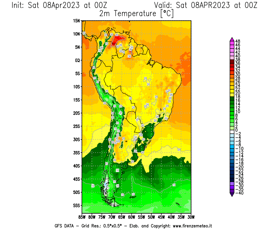 GFS analysi map - Temperature at 2 m above ground [°C] in South America
									on 08/04/2023 00 <!--googleoff: index-->UTC<!--googleon: index-->