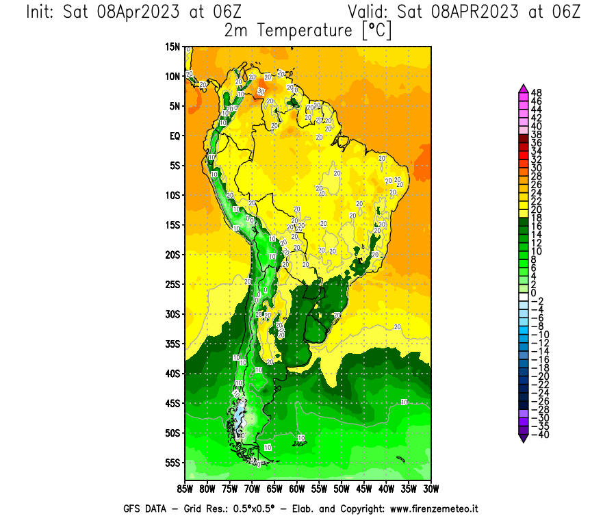GFS analysi map - Temperature at 2 m above ground [°C] in South America
									on 08/04/2023 06 <!--googleoff: index-->UTC<!--googleon: index-->