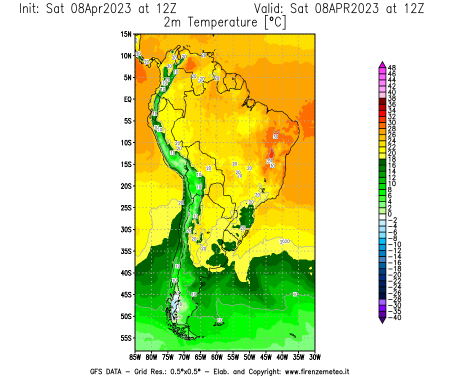 GFS analysi map - Temperature at 2 m above ground [°C] in South America
									on 08/04/2023 12 <!--googleoff: index-->UTC<!--googleon: index-->