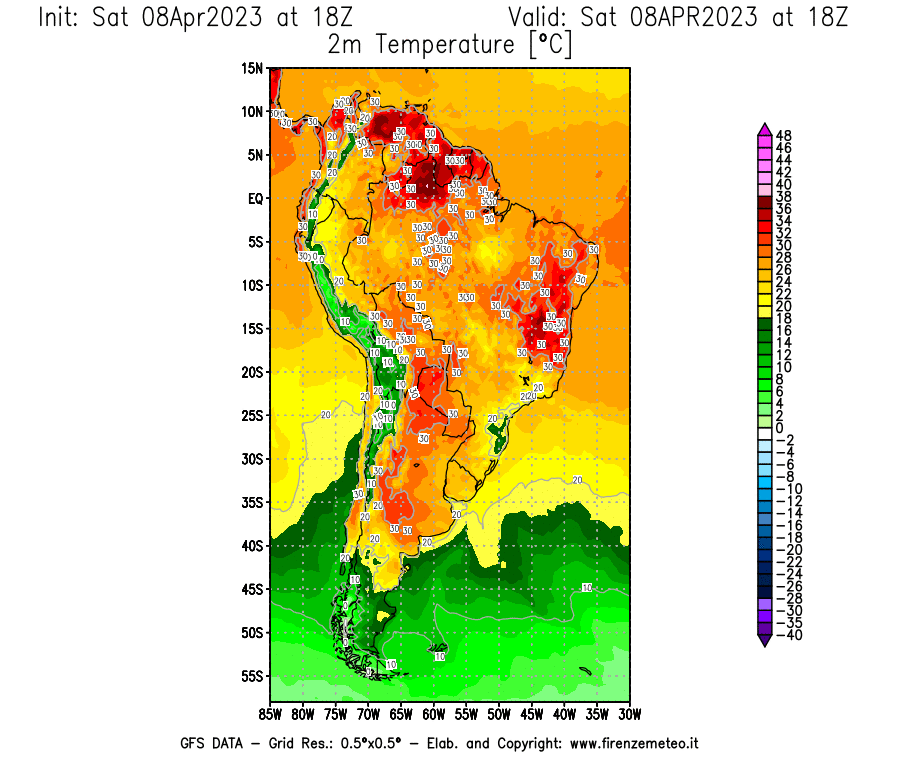GFS analysi map - Temperature at 2 m above ground [°C] in South America
									on 08/04/2023 18 <!--googleoff: index-->UTC<!--googleon: index-->