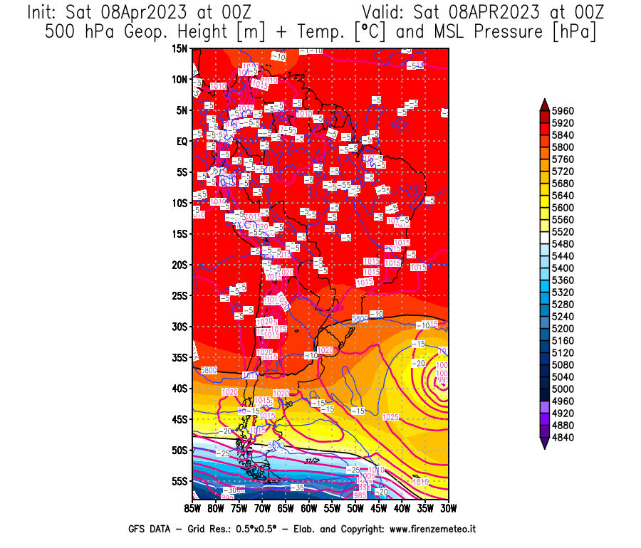 GFS analysi map - Geopotential [m] + Temp. [°C] at 500 hPa + Sea Level Pressure [hPa] in South America
									on 08/04/2023 00 <!--googleoff: index-->UTC<!--googleon: index-->