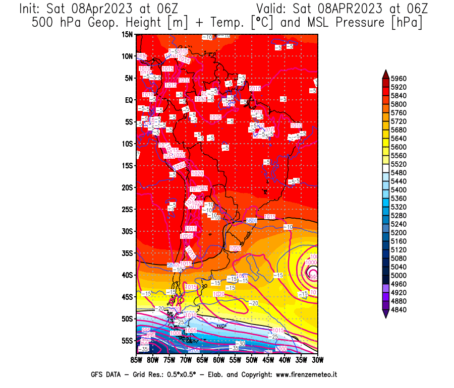 GFS analysi map - Geopotential [m] + Temp. [°C] at 500 hPa + Sea Level Pressure [hPa] in South America
									on 08/04/2023 06 <!--googleoff: index-->UTC<!--googleon: index-->