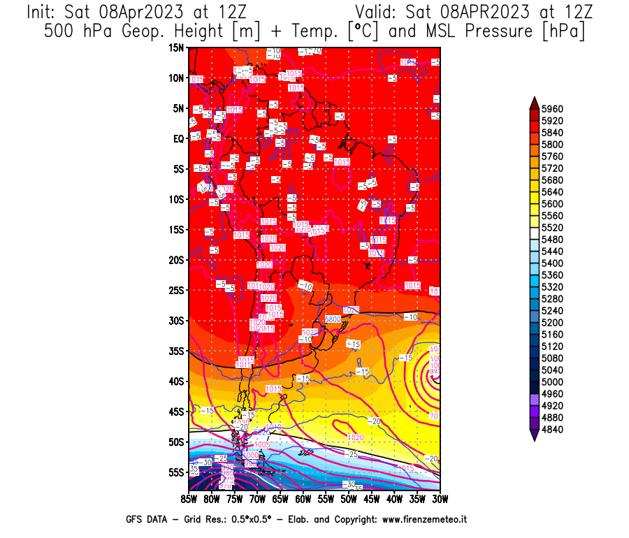 GFS analysi map - Geopotential [m] + Temp. [°C] at 500 hPa + Sea Level Pressure [hPa] in South America
									on 08/04/2023 12 <!--googleoff: index-->UTC<!--googleon: index-->