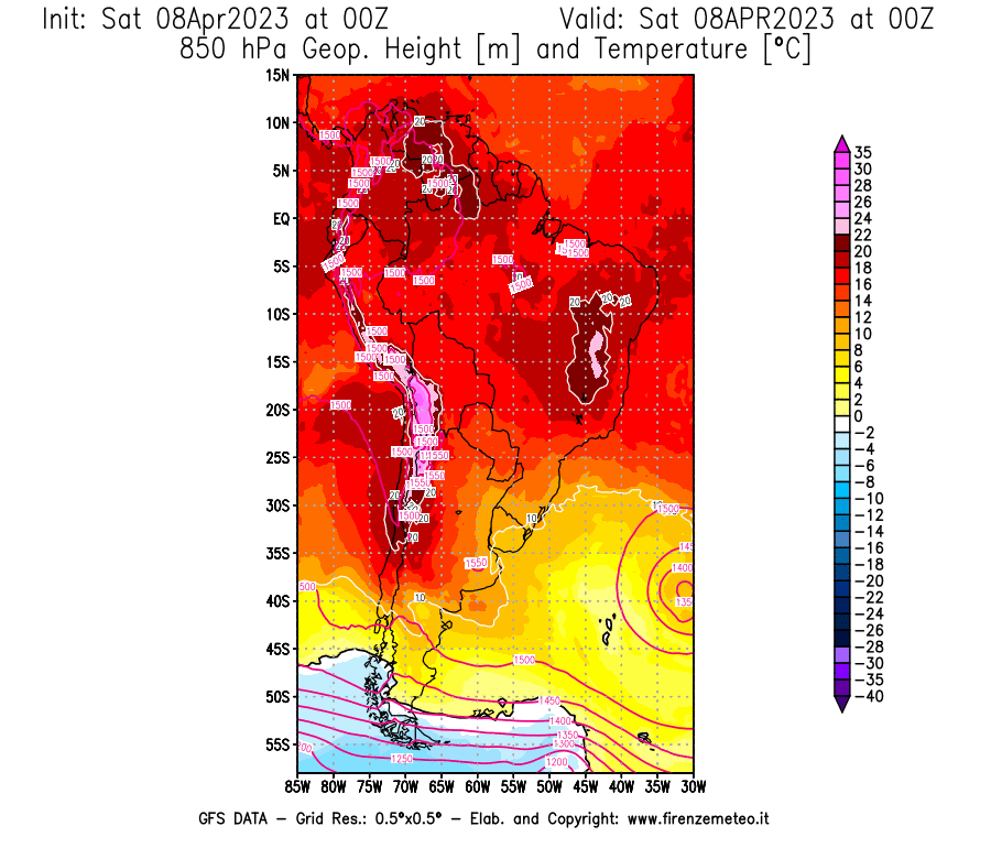 GFS analysi map - Geopotential [m] and Temperature [°C] at 850 hPa in South America
									on 08/04/2023 00 <!--googleoff: index-->UTC<!--googleon: index-->