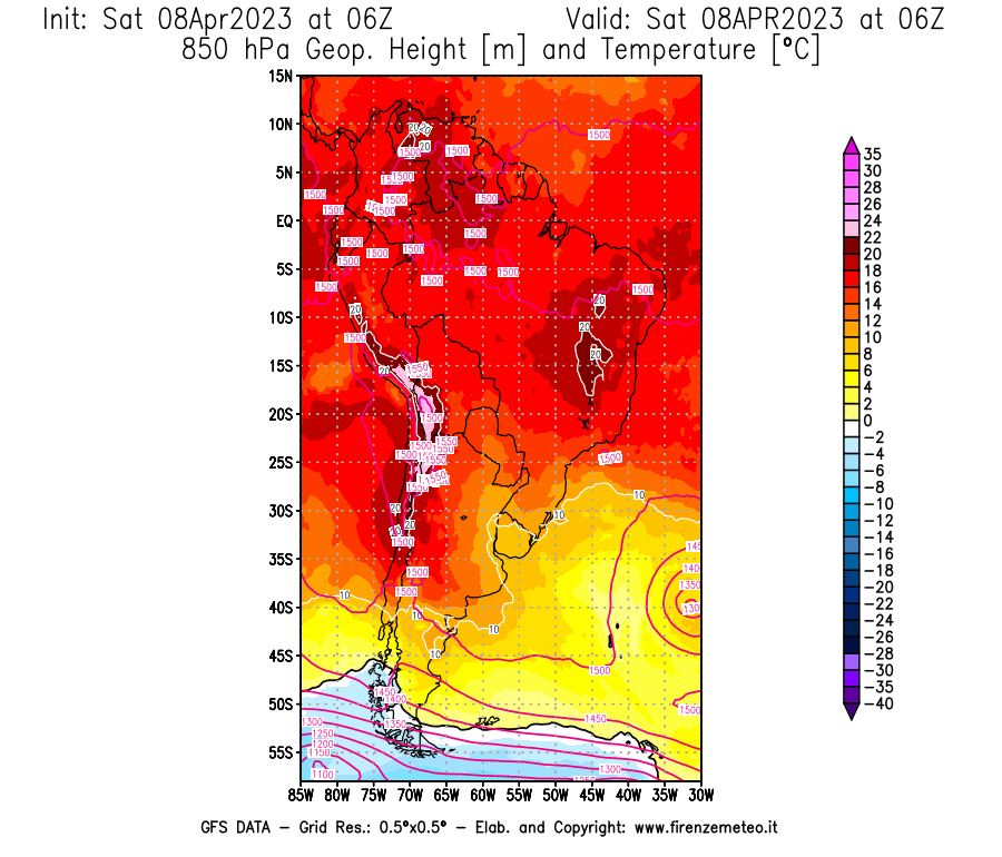 GFS analysi map - Geopotential [m] and Temperature [°C] at 850 hPa in South America
									on 08/04/2023 06 <!--googleoff: index-->UTC<!--googleon: index-->