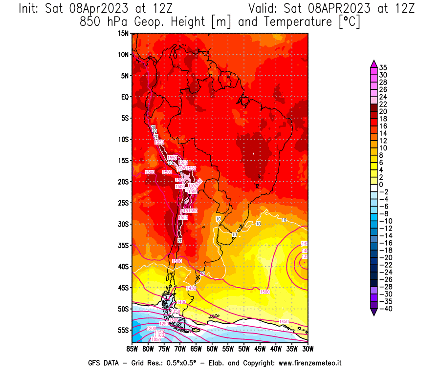 GFS analysi map - Geopotential [m] and Temperature [°C] at 850 hPa in South America
									on 08/04/2023 12 <!--googleoff: index-->UTC<!--googleon: index-->