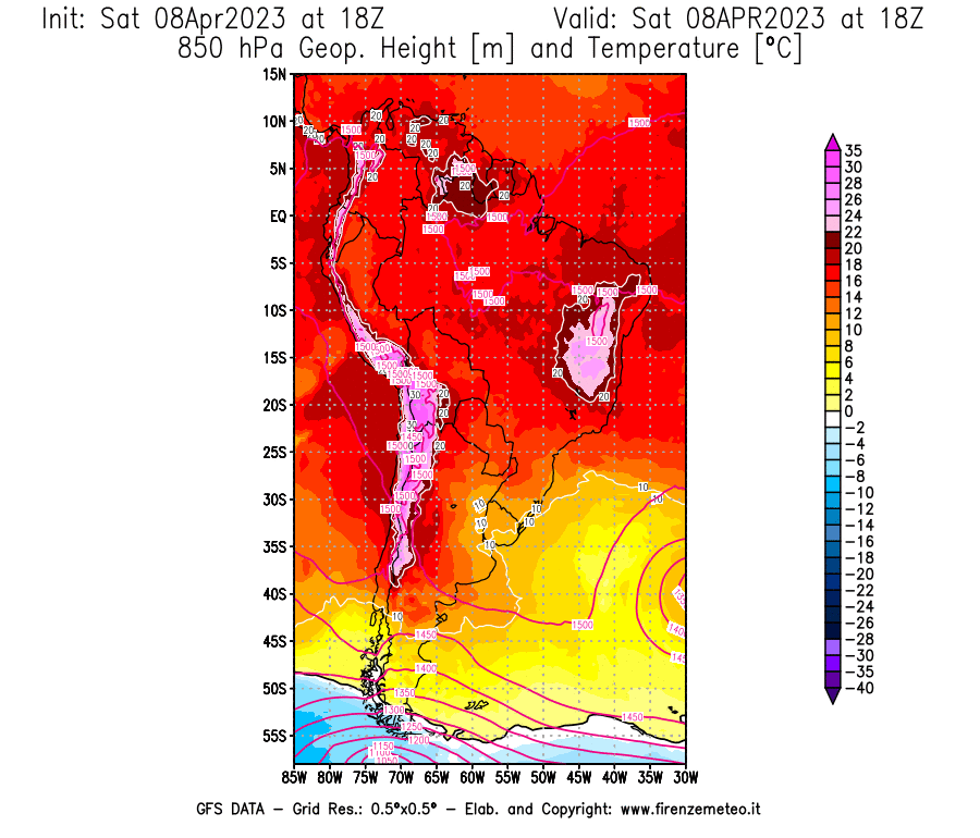 GFS analysi map - Geopotential [m] and Temperature [°C] at 850 hPa in South America
									on 08/04/2023 18 <!--googleoff: index-->UTC<!--googleon: index-->