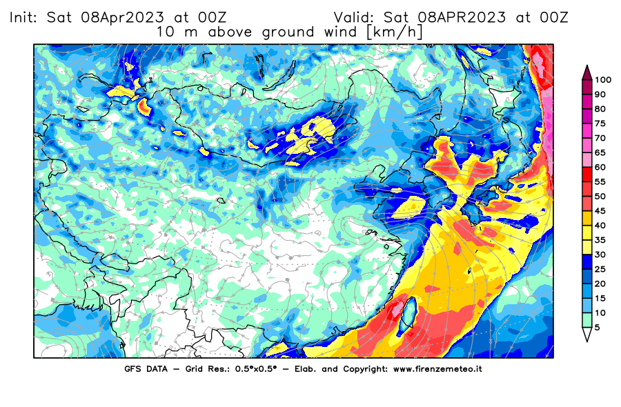 GFS analysi map - Wind Speed at 10 m above ground [km/h] in East Asia
									on 08/04/2023 00 <!--googleoff: index-->UTC<!--googleon: index-->
