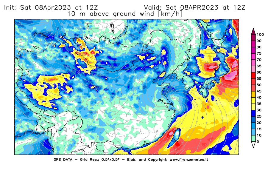 GFS analysi map - Wind Speed at 10 m above ground [km/h] in East Asia
									on 08/04/2023 12 <!--googleoff: index-->UTC<!--googleon: index-->