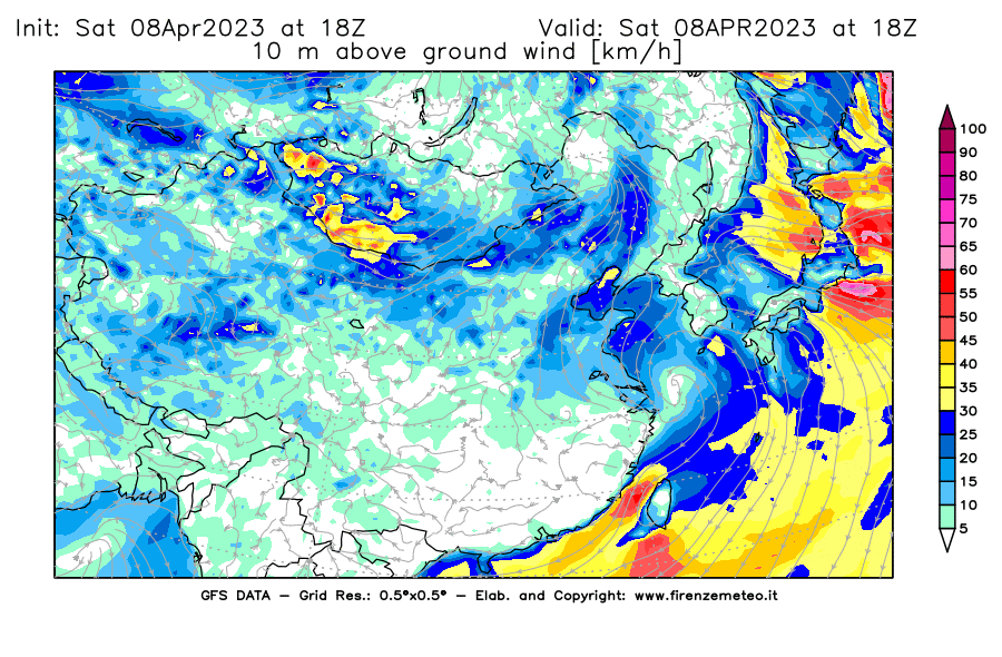 GFS analysi map - Wind Speed at 10 m above ground [km/h] in East Asia
									on 08/04/2023 18 <!--googleoff: index-->UTC<!--googleon: index-->
