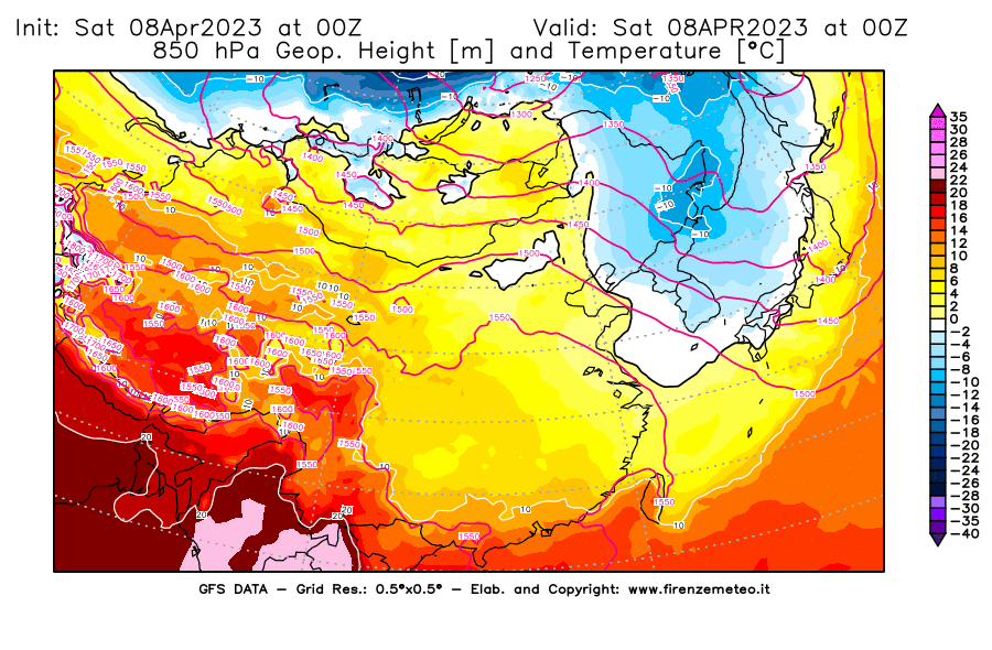 GFS analysi map - Geopotential [m] and Temperature [°C] at 850 hPa in East Asia
									on 08/04/2023 00 <!--googleoff: index-->UTC<!--googleon: index-->