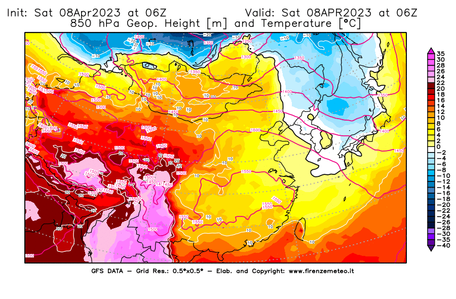 GFS analysi map - Geopotential [m] and Temperature [°C] at 850 hPa in East Asia
									on 08/04/2023 06 <!--googleoff: index-->UTC<!--googleon: index-->