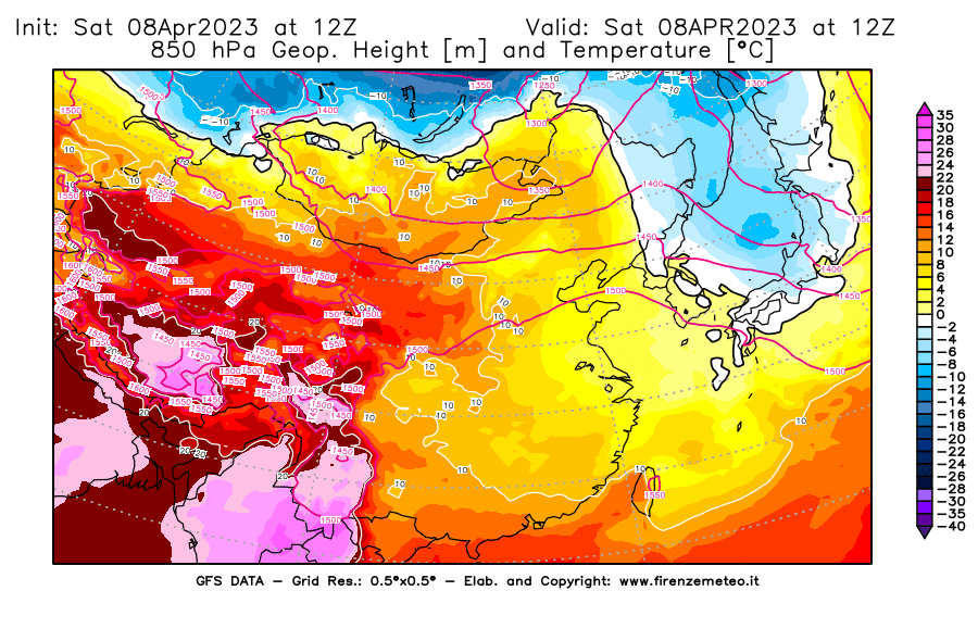 GFS analysi map - Geopotential [m] and Temperature [°C] at 850 hPa in East Asia
									on 08/04/2023 12 <!--googleoff: index-->UTC<!--googleon: index-->