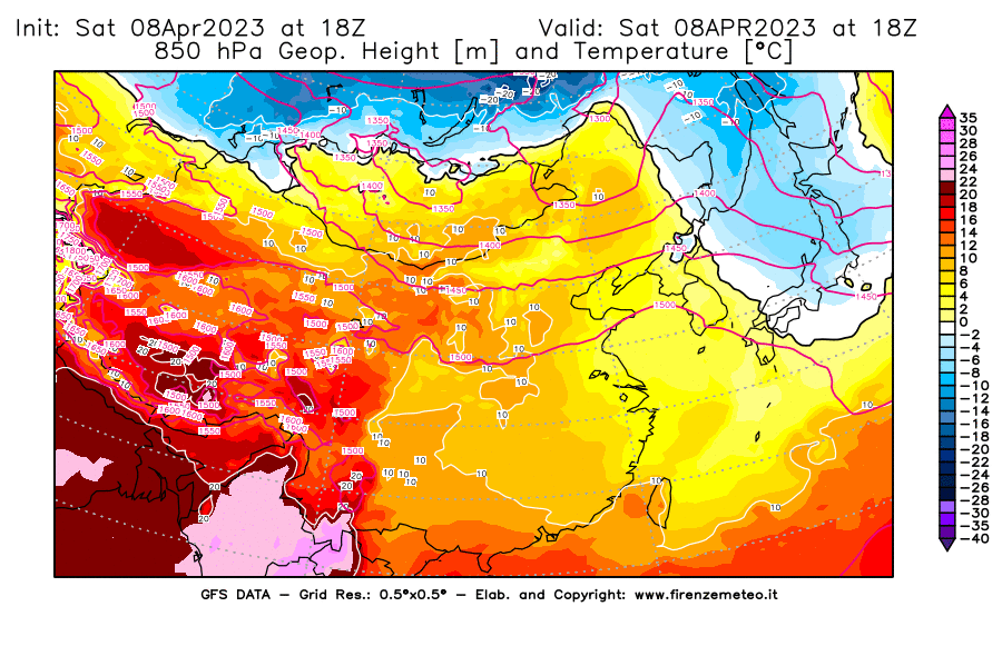 GFS analysi map - Geopotential [m] and Temperature [°C] at 850 hPa in East Asia
									on 08/04/2023 18 <!--googleoff: index-->UTC<!--googleon: index-->