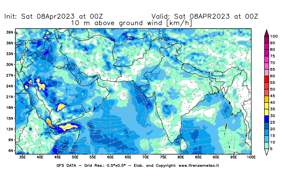 GFS analysi map - Wind Speed at 10 m above ground [km/h] in South West Asia 
									on 08/04/2023 00 <!--googleoff: index-->UTC<!--googleon: index-->