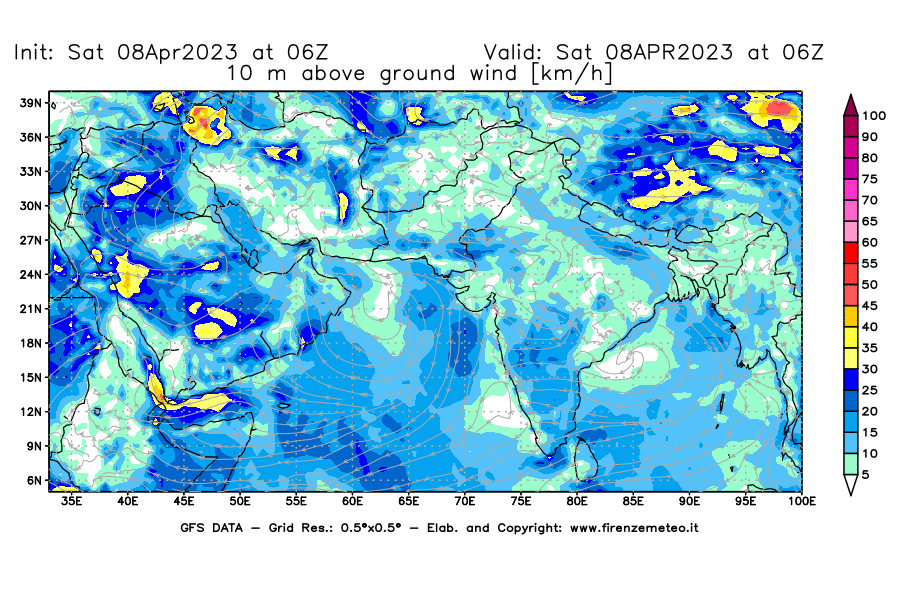 GFS analysi map - Wind Speed at 10 m above ground [km/h] in South West Asia 
									on 08/04/2023 06 <!--googleoff: index-->UTC<!--googleon: index-->