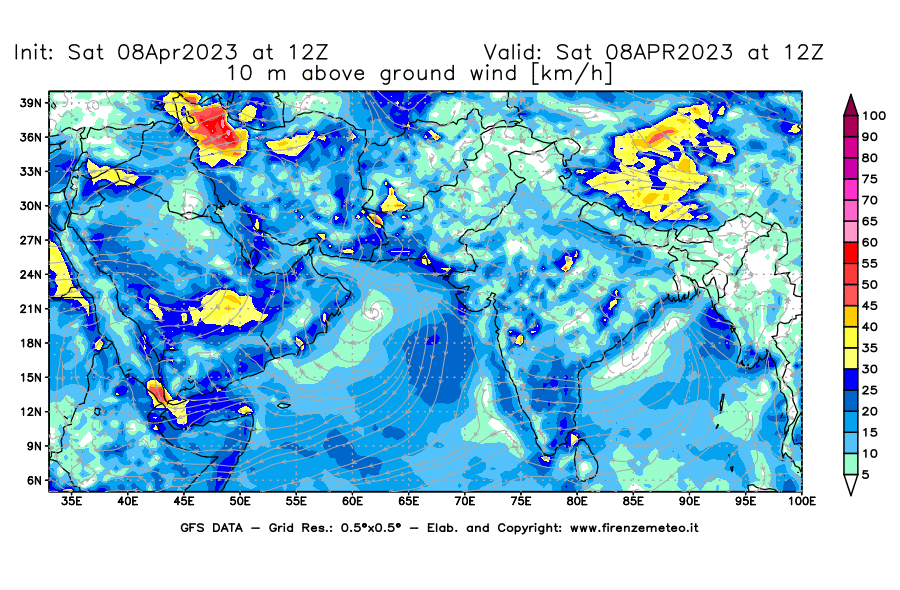 GFS analysi map - Wind Speed at 10 m above ground [km/h] in South West Asia 
									on 08/04/2023 12 <!--googleoff: index-->UTC<!--googleon: index-->