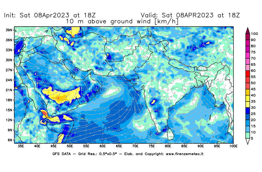 GFS analysi map - Wind Speed at 10 m above ground [km/h] in South West Asia 
									on 08/04/2023 18 <!--googleoff: index-->UTC<!--googleon: index-->