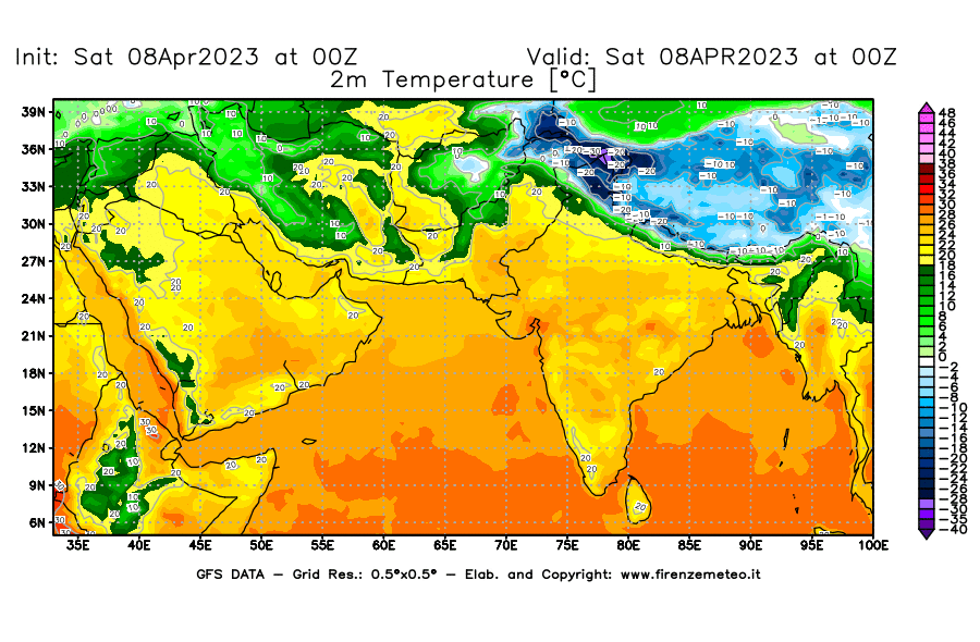 GFS analysi map - Temperature at 2 m above ground [°C] in South West Asia 
									on 08/04/2023 00 <!--googleoff: index-->UTC<!--googleon: index-->