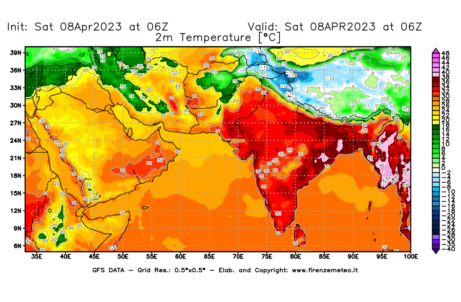 GFS analysi map - Temperature at 2 m above ground [°C] in South West Asia 
									on 08/04/2023 06 <!--googleoff: index-->UTC<!--googleon: index-->