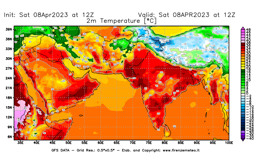GFS analysi map - Temperature at 2 m above ground [°C] in South West Asia 
									on 08/04/2023 12 <!--googleoff: index-->UTC<!--googleon: index-->