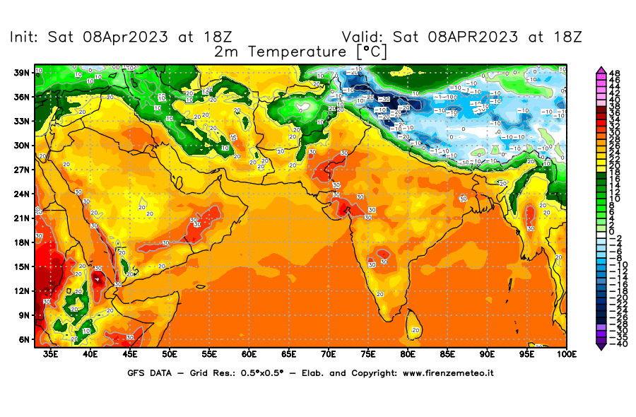 GFS analysi map - Temperature at 2 m above ground [°C] in South West Asia 
									on 08/04/2023 18 <!--googleoff: index-->UTC<!--googleon: index-->