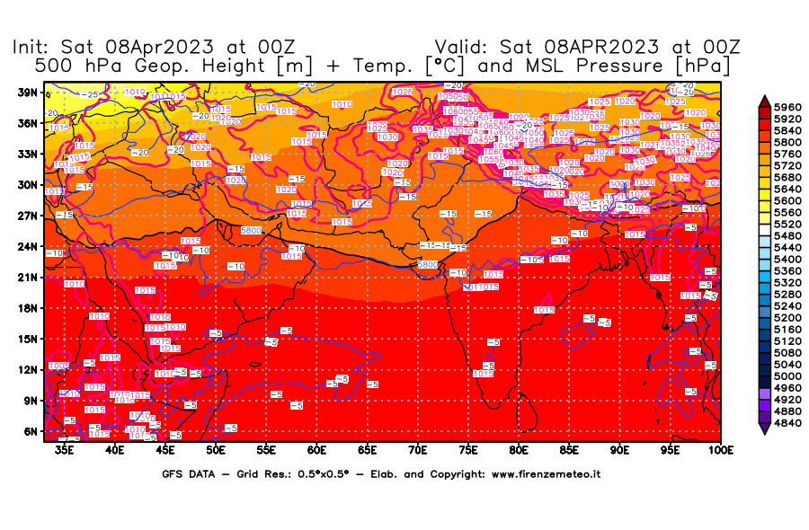 GFS analysi map - Geopotential [m] + Temp. [°C] at 500 hPa + Sea Level Pressure [hPa] in South West Asia 
									on 08/04/2023 00 <!--googleoff: index-->UTC<!--googleon: index-->