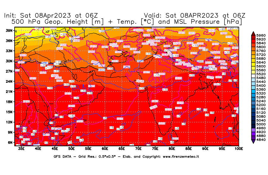 GFS analysi map - Geopotential [m] + Temp. [°C] at 500 hPa + Sea Level Pressure [hPa] in South West Asia 
									on 08/04/2023 06 <!--googleoff: index-->UTC<!--googleon: index-->