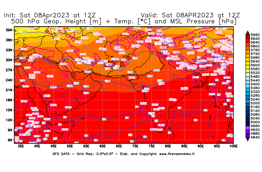 GFS analysi map - Geopotential [m] + Temp. [°C] at 500 hPa + Sea Level Pressure [hPa] in South West Asia 
									on 08/04/2023 12 <!--googleoff: index-->UTC<!--googleon: index-->