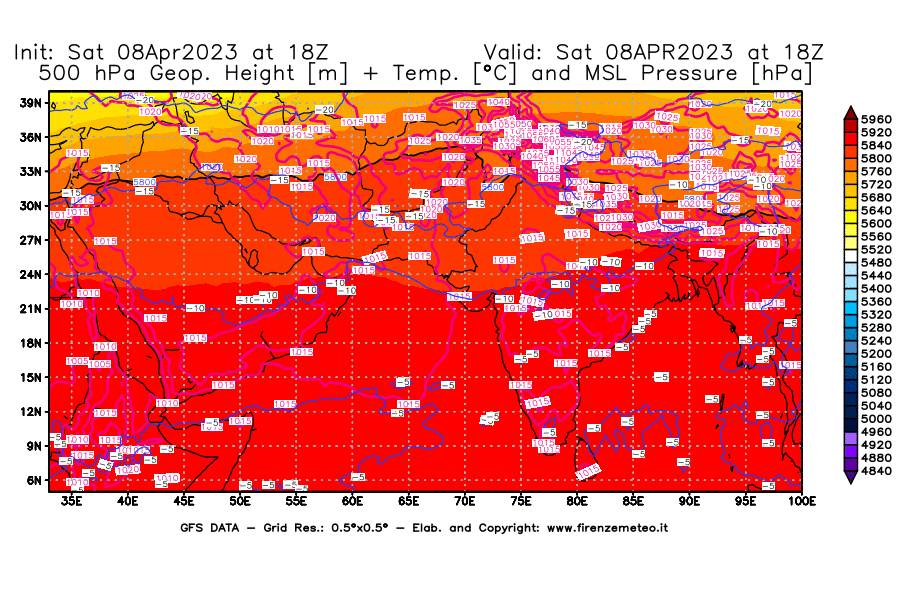 GFS analysi map - Geopotential [m] + Temp. [°C] at 500 hPa + Sea Level Pressure [hPa] in South West Asia 
									on 08/04/2023 18 <!--googleoff: index-->UTC<!--googleon: index-->