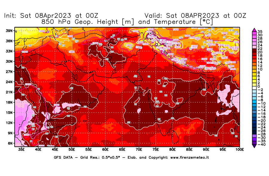 GFS analysi map - Geopotential [m] and Temperature [°C] at 850 hPa in South West Asia 
									on 08/04/2023 00 <!--googleoff: index-->UTC<!--googleon: index-->