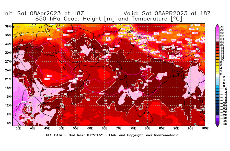 GFS analysi map - Geopotential [m] and Temperature [°C] at 850 hPa in South West Asia 
									on 08/04/2023 18 <!--googleoff: index-->UTC<!--googleon: index-->