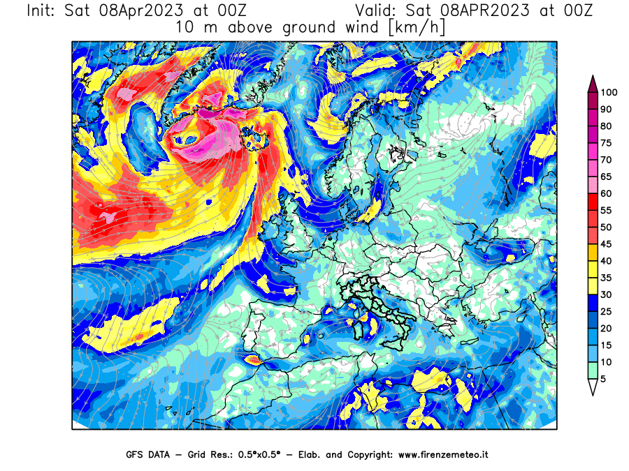 GFS analysi map - Wind Speed at 10 m above ground [km/h] in Europe
									on 08/04/2023 00 <!--googleoff: index-->UTC<!--googleon: index-->