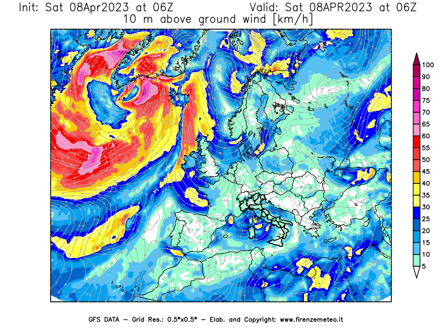 GFS analysi map - Wind Speed at 10 m above ground [km/h] in Europe
									on 08/04/2023 06 <!--googleoff: index-->UTC<!--googleon: index-->
