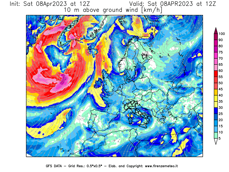 GFS analysi map - Wind Speed at 10 m above ground [km/h] in Europe
									on 08/04/2023 12 <!--googleoff: index-->UTC<!--googleon: index-->