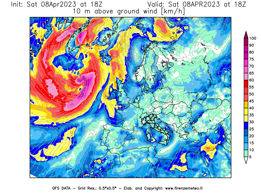 GFS analysi map - Wind Speed at 10 m above ground [km/h] in Europe
									on 08/04/2023 18 <!--googleoff: index-->UTC<!--googleon: index-->