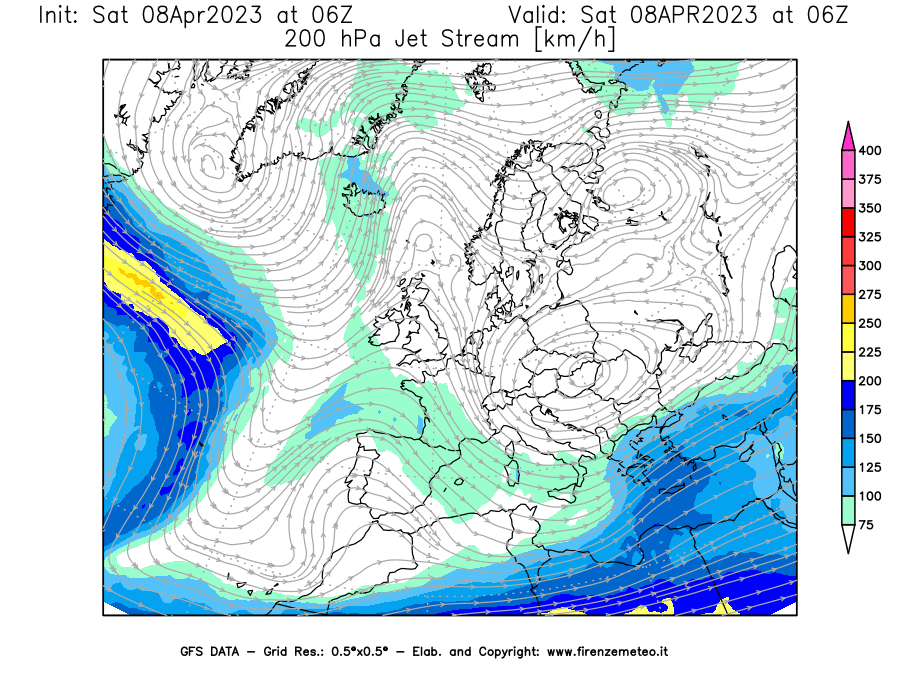 GFS analysi map - Jet Stream at 200 hPa in Europe
									on 08/04/2023 06 <!--googleoff: index-->UTC<!--googleon: index-->
