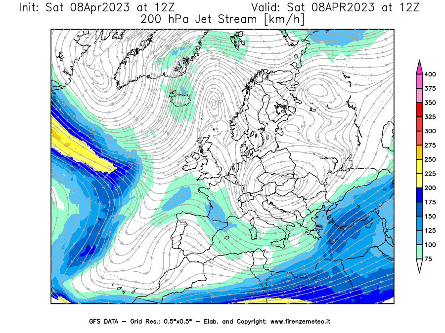 GFS analysi map - Jet Stream at 200 hPa in Europe
									on 08/04/2023 12 <!--googleoff: index-->UTC<!--googleon: index-->