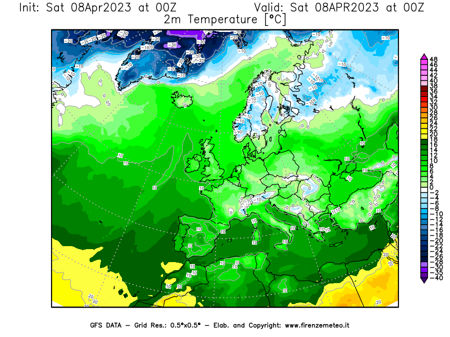 GFS analysi map - Temperature at 2 m above ground [°C] in Europe
									on 08/04/2023 00 <!--googleoff: index-->UTC<!--googleon: index-->