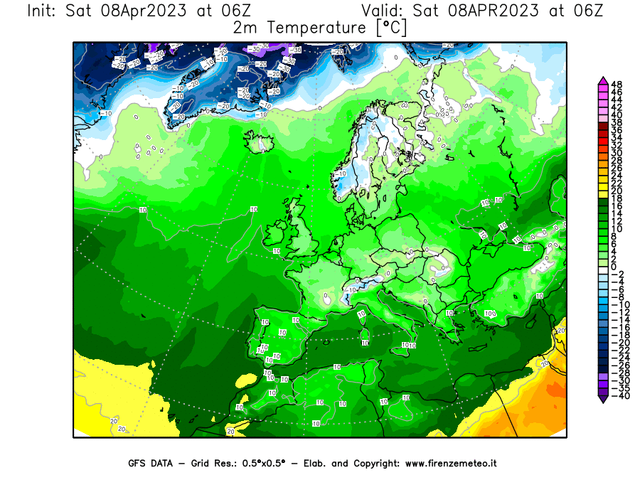 GFS analysi map - Temperature at 2 m above ground [°C] in Europe
									on 08/04/2023 06 <!--googleoff: index-->UTC<!--googleon: index-->
