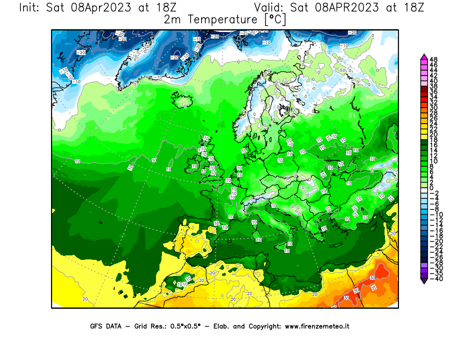 GFS analysi map - Temperature at 2 m above ground [°C] in Europe
									on 08/04/2023 18 <!--googleoff: index-->UTC<!--googleon: index-->