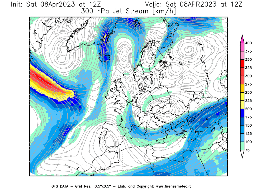 GFS analysi map - Jet Stream at 300 hPa in Europe
									on 08/04/2023 12 <!--googleoff: index-->UTC<!--googleon: index-->